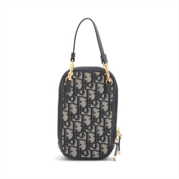 Christian Dior Oblique Phone Pouch canvas x leather Chain Shoulder Bag Navy Blue - Picture 2 of 10